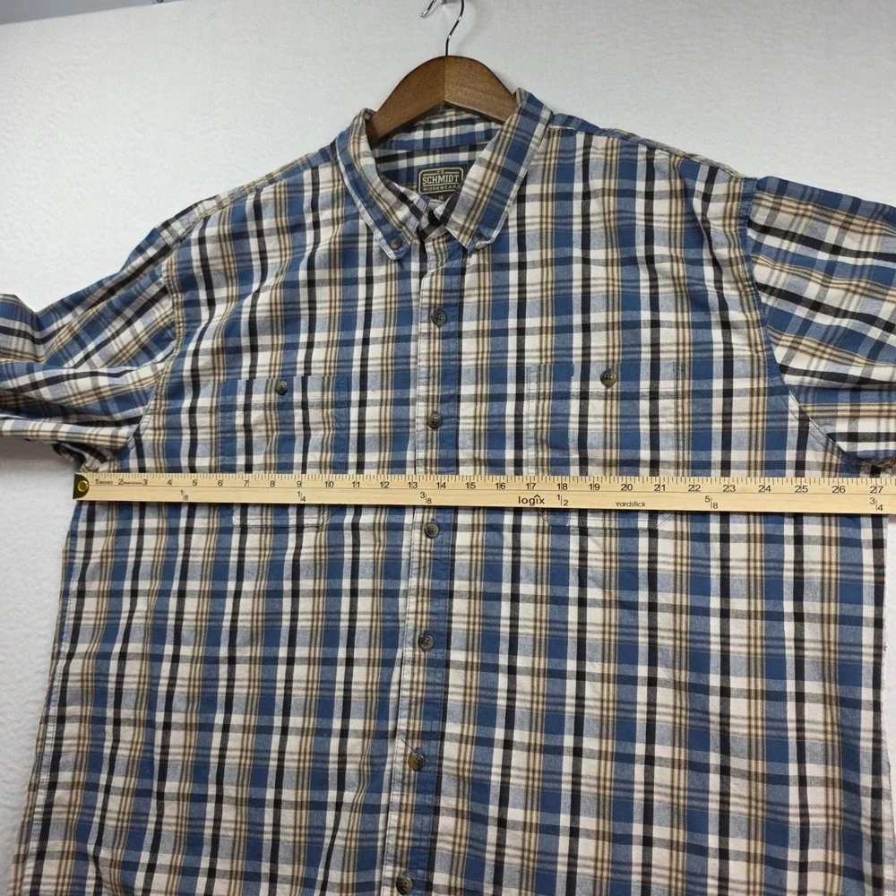C.E. Schmidt Workwear Shirt Men 2X Blue Tan Plaid Cotton Button Down Long Sleeve